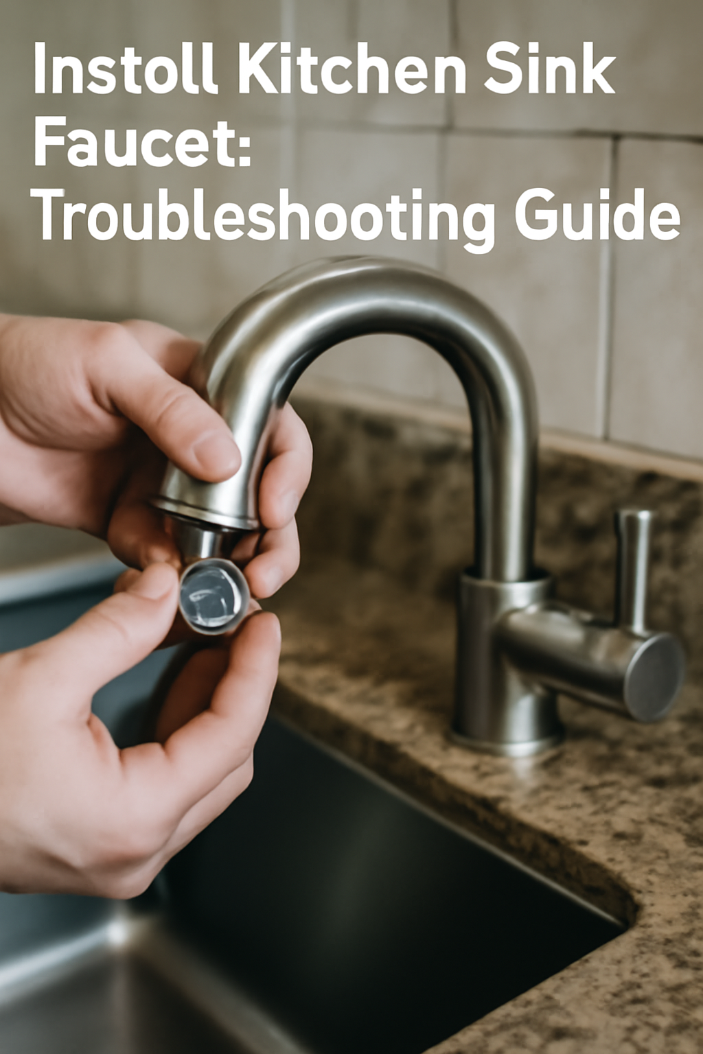 A close-up shot of a person cleaning the aerator of a modern kitchen faucet, showcasing troubleshooting for low water pressure. The minimalist kitchen setting highlights the polished granite countertop and sleek faucet design.