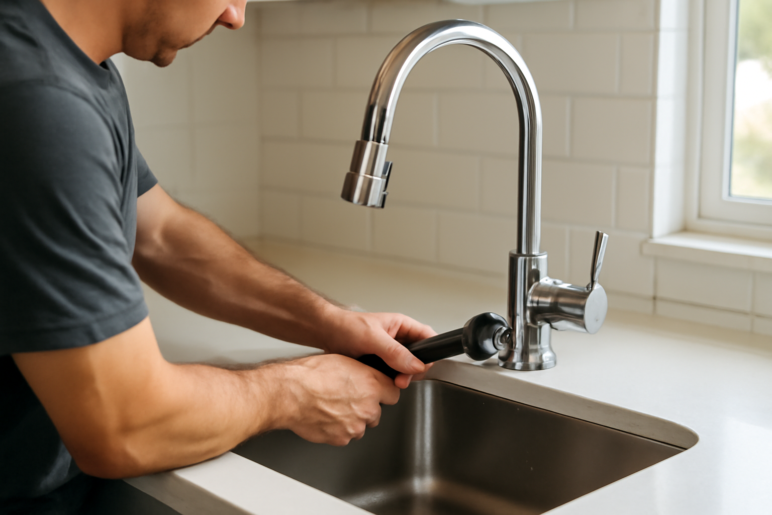 A person installing a chrome kitchen faucet with a wrench on a white countertop next to a stainless steel sink