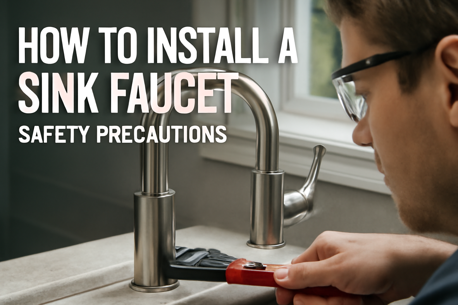 A close-up photo of a person installing a sink faucet with a red-handled wrench while wearing safety glasses, emphasizing safety precautions during the process.