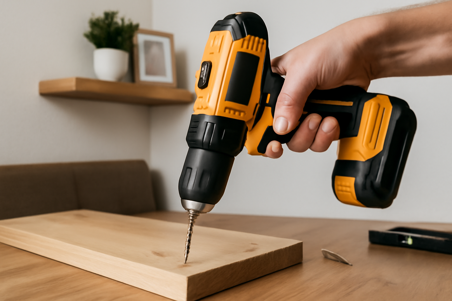 A close-up of a person's hand holding a black and yellow cordless power drill while driving a screw into a light wooden panel in a home setting.