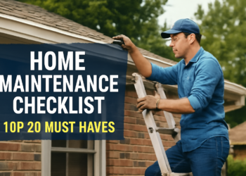 A man cleaning gutters on a single-story brick house, focusing on a home maintenance checklist for top 20 must-haves.