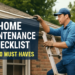 A man cleaning gutters on a single-story brick house, focusing on a home maintenance checklist for top 20 must-haves.