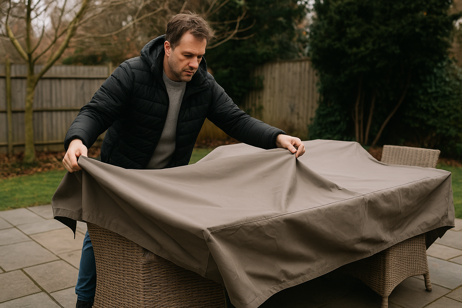 A man covers patio furniture with a heavy-duty waterproof cover in a backyard to protect it from winter weather and extend its lifespan.
