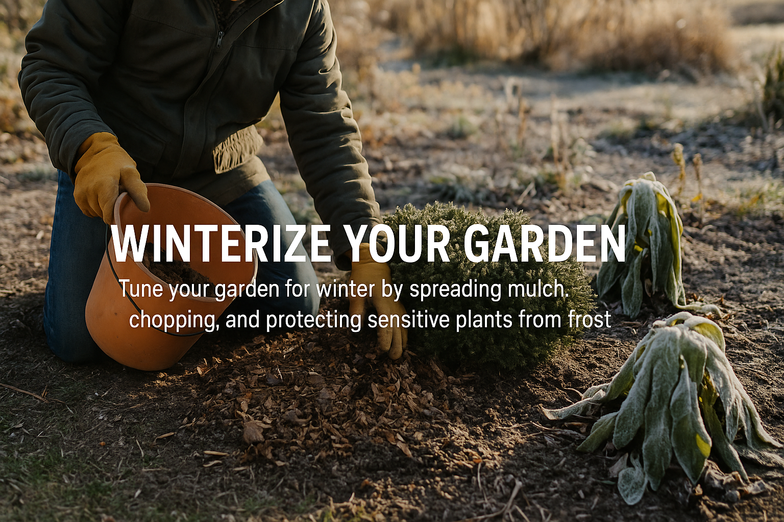 A close-up photo of a gardener wearing winter clothing spreading mulch around plants in a frost-covered garden to winterize it. 