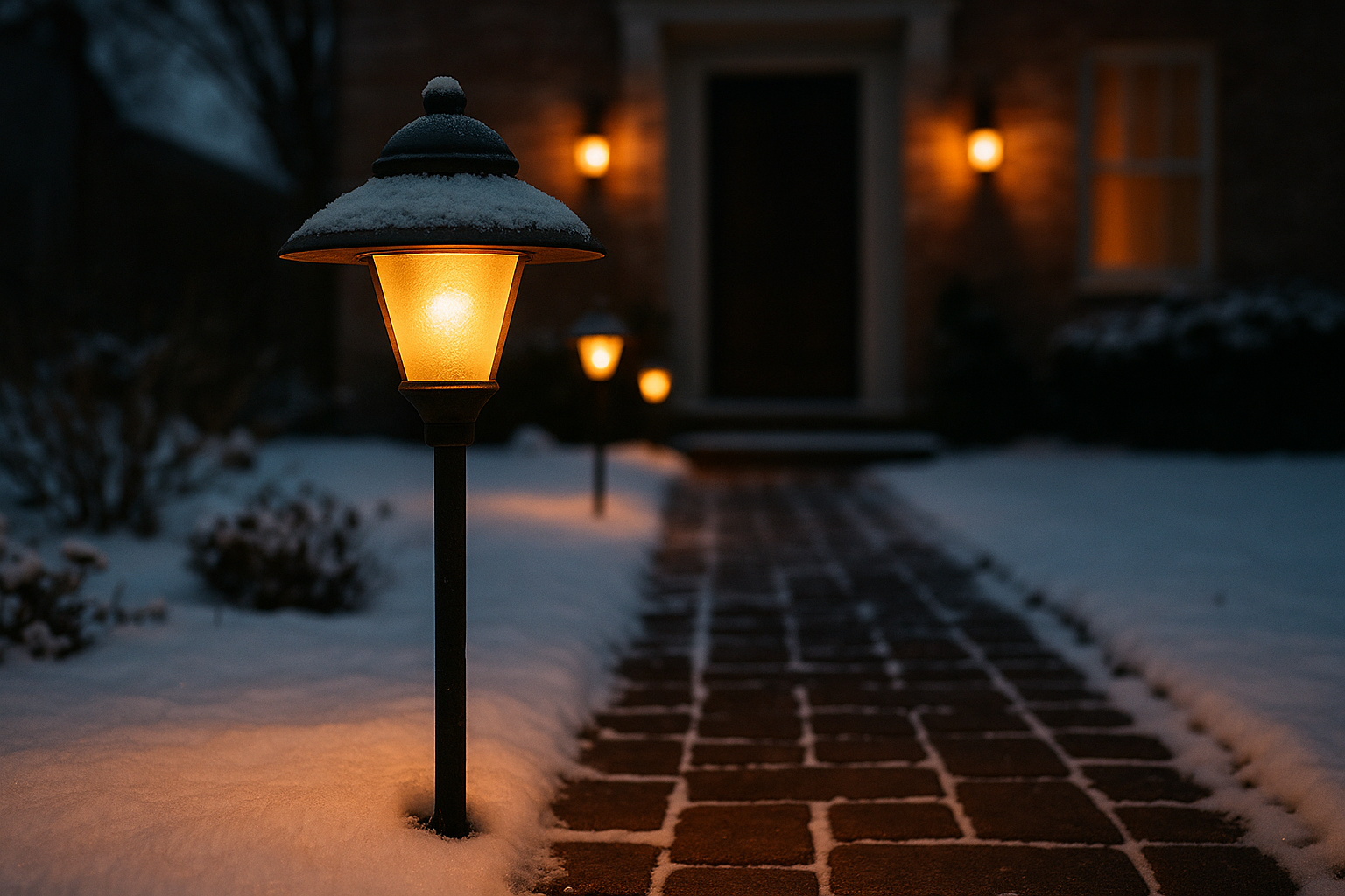 Glowing outdoor lanterns illuminate a snowy brick walkway leading to a cozy home entrance during winter evenings.