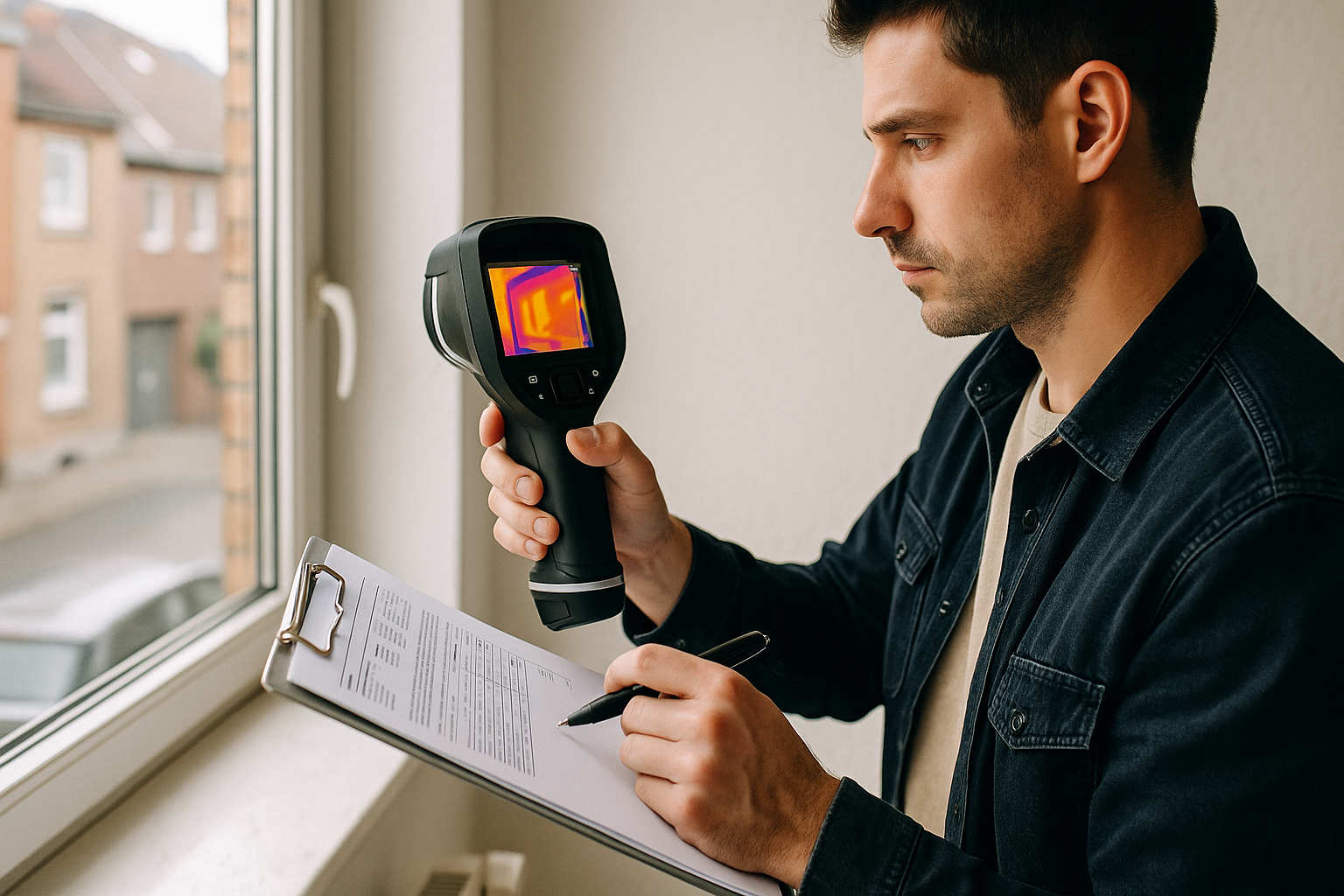 A home energy auditor uses a thermal imaging camera to detect heat loss around a window during an energy efficiency assessment.