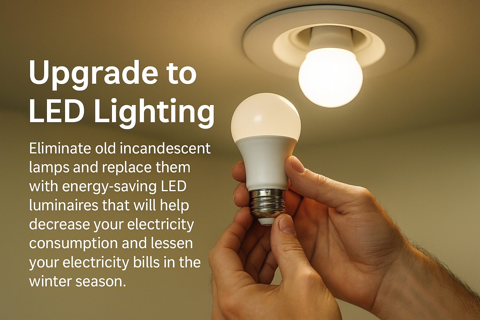 Close-up of hands installing a new LED light bulb into a ceiling fixture, highlighting an energy-efficient lighting upgrade for reducing winter electricity costs.