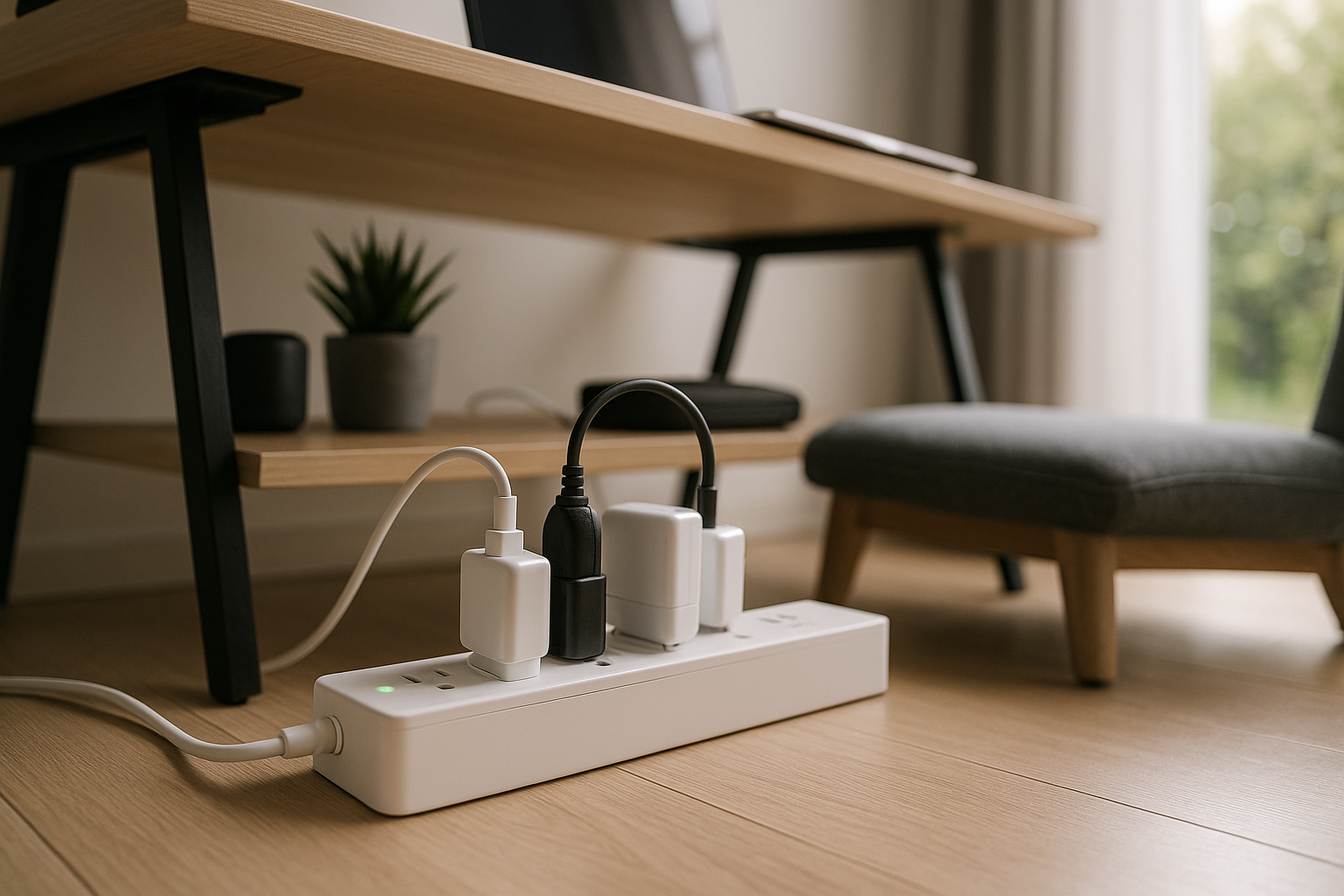 Smart power strip with multiple gadgets plugged in, placed under a minimalist desk in a well-lit home office with modern decor and energy-efficient setup.