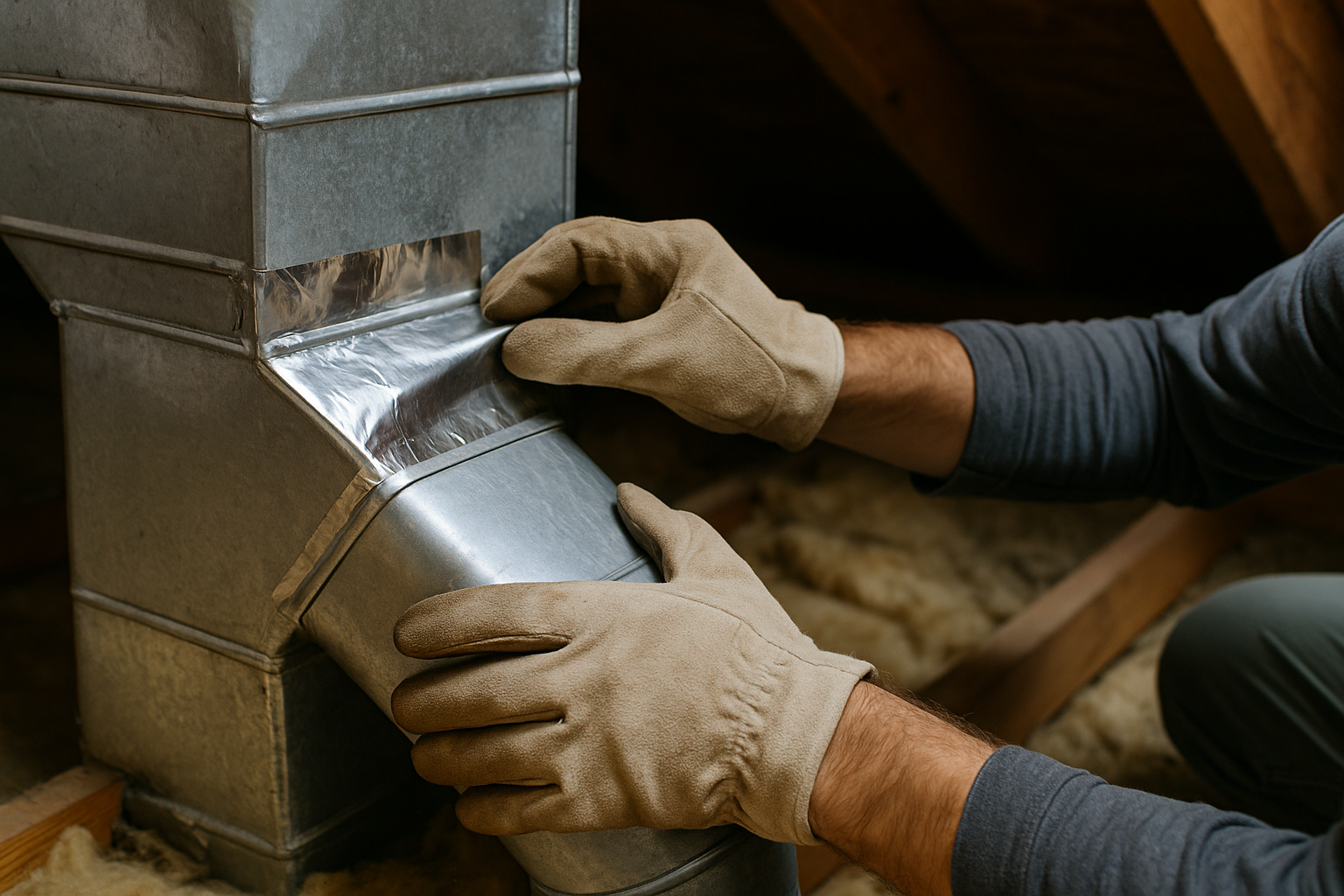 A close-up photograph of an HVAC technician sealing a duct joint with aluminum foil tape inside an attic, wearing protective gloves and surrounded by insulation and wooden framing.