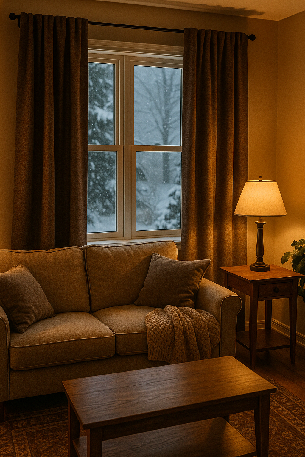 Warm living room interior with thick thermal curtains and snow visible outside the window, showing heat insulation during winter nights.