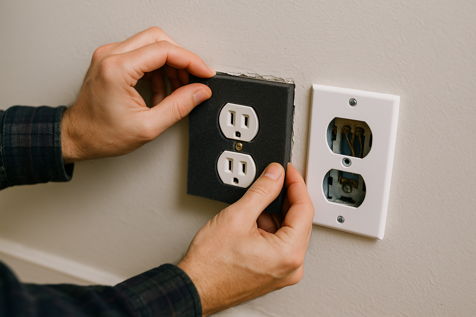 Hands applying foam gasket to electrical outlet to prevent cold air drafts and improve home insulation

