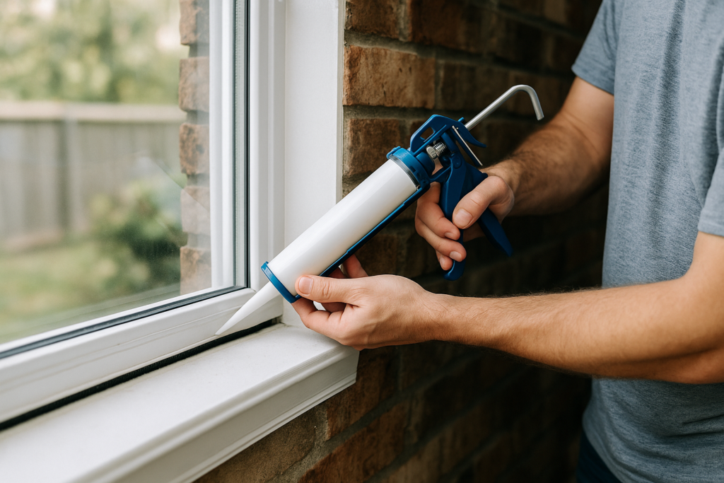 A man uses a caulking gun to seal air leaks around a white-framed window on a brick wall to improve home insulation during winter.