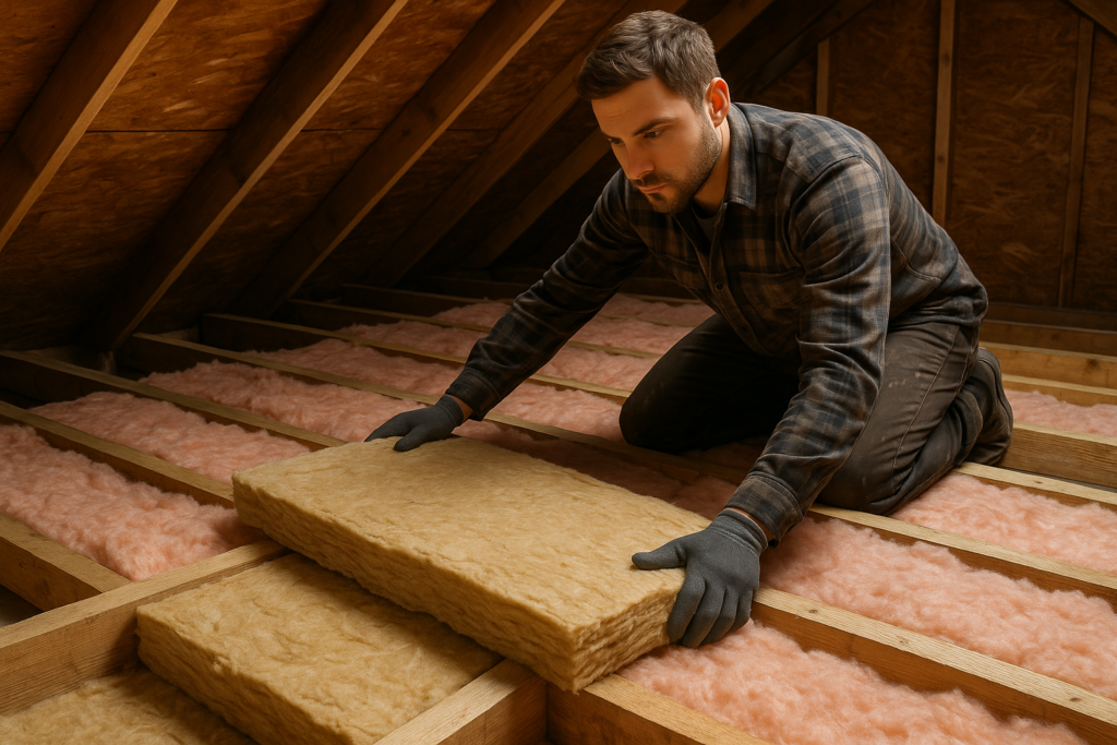 A professional worker installing thick fiberglass insulation in a wooden attic to improve home energy efficiency and temperature control.