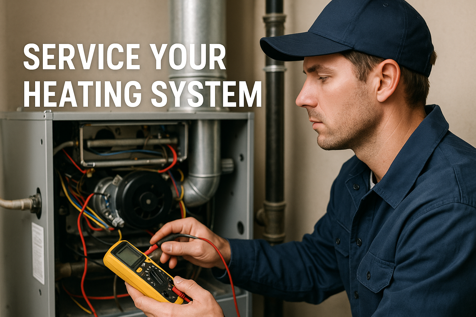 HVAC technician performing routine maintenance on a home furnace system with professional tools in a utility room