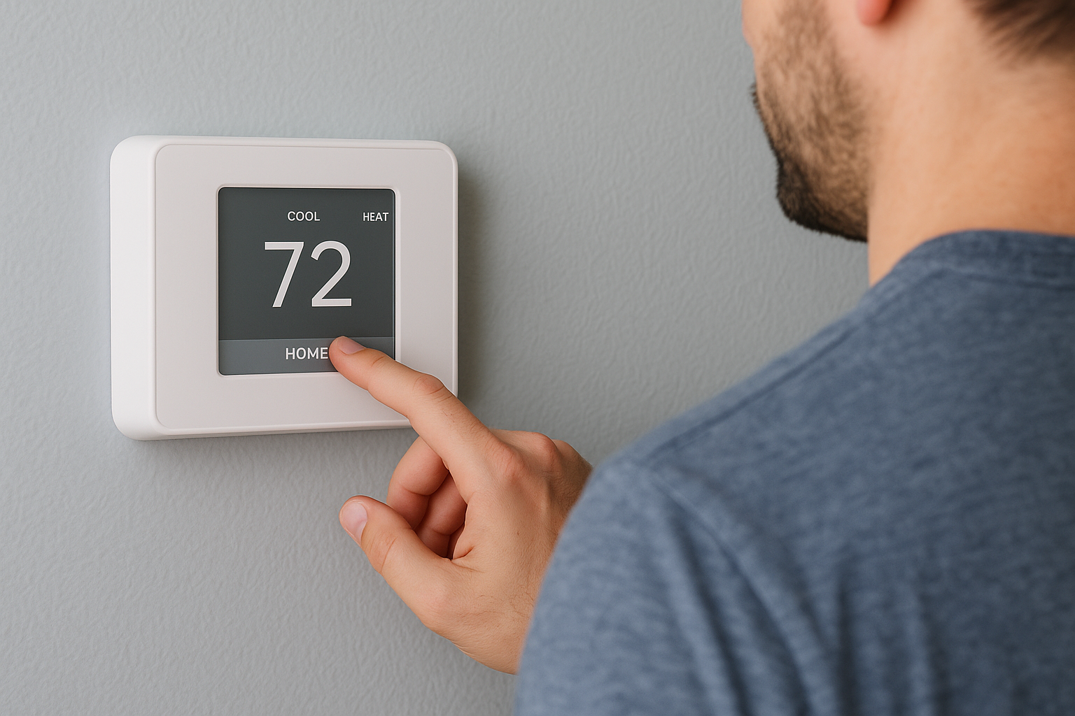 A man adjusts a smart thermostat set to 72°F, optimizing energy use for home cooling and heating efficiency.