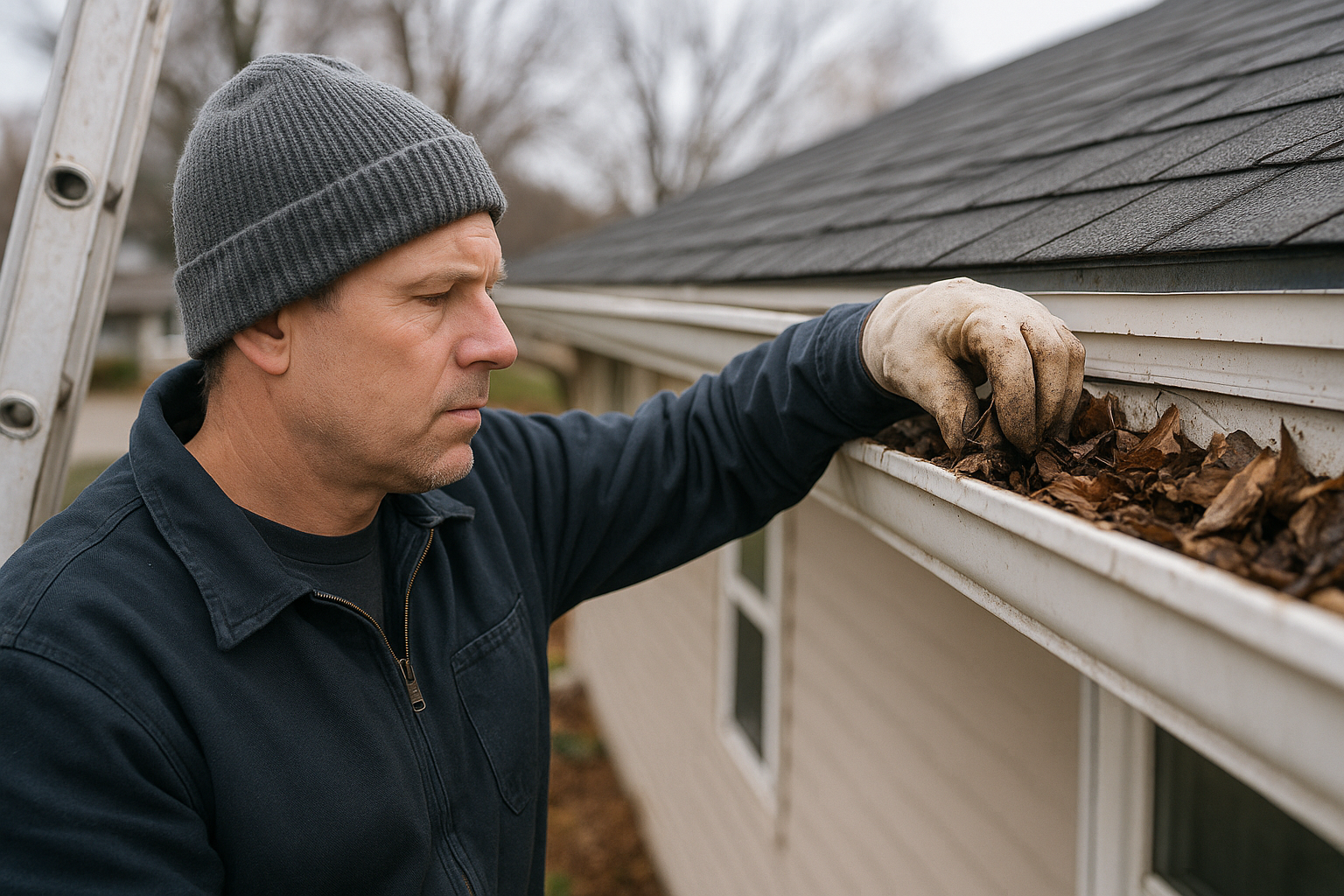 Middle-aged man clearing leaves from home gutters on a ladder during fall to prevent ice dams and water damage