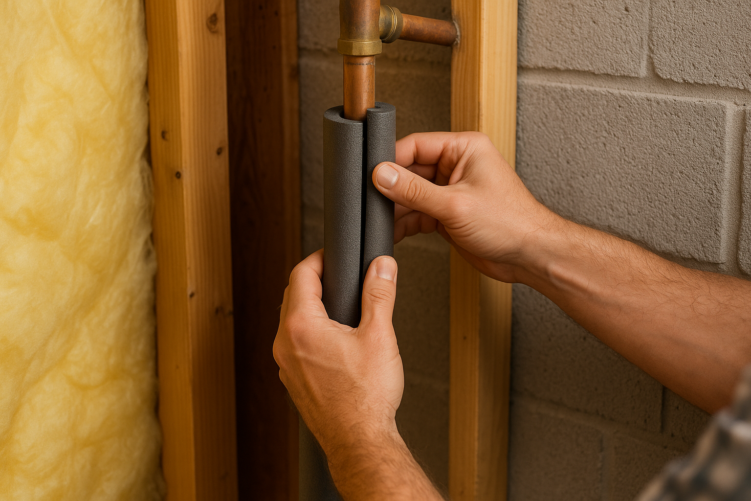 Close-up photo of a person applying foam insulation around a copper pipe to prevent freezing during winter.