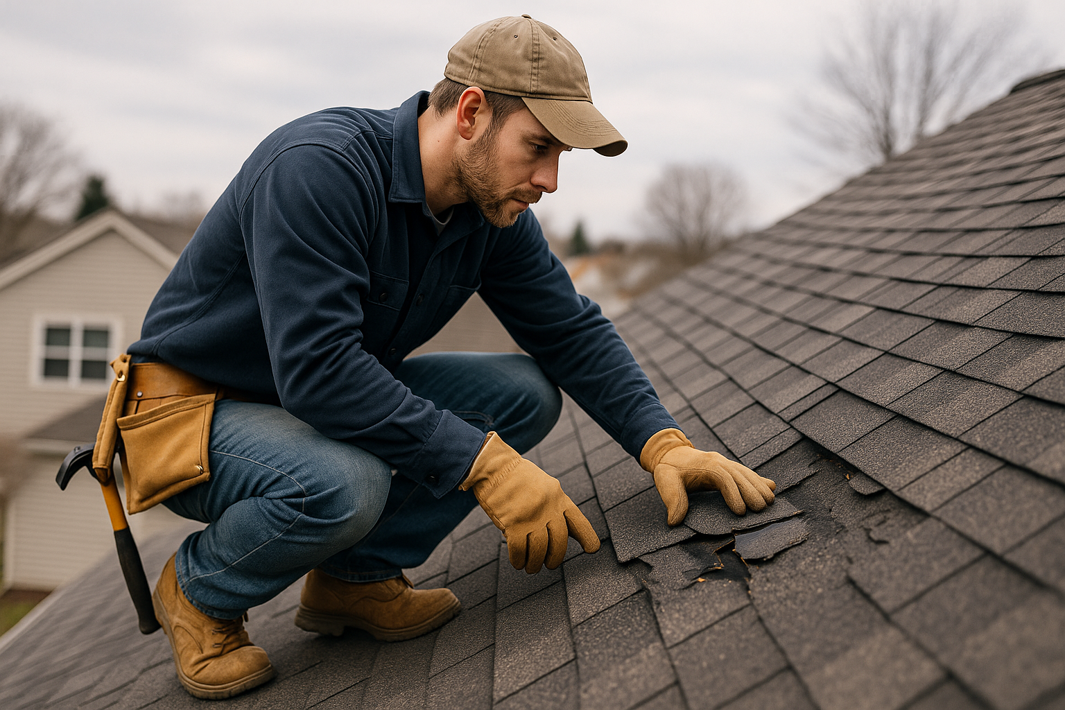 A roofing contractor inspecting damaged shingles on a house roof to prevent winter leaks and costly repairs.