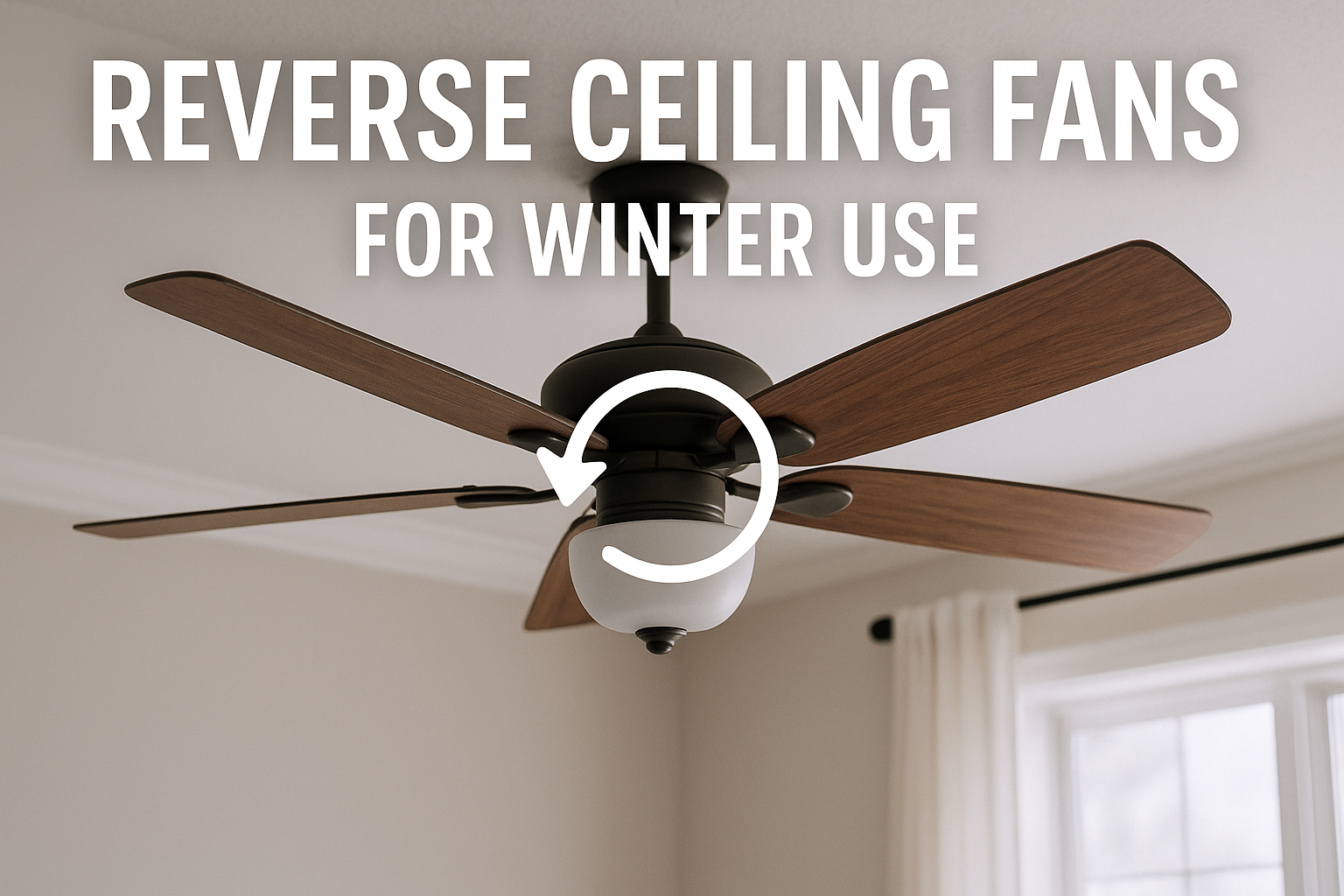 A close-up digital photo of a ceiling fan with directional arrow indicating reverse mode for winter heating efficiency in a cozy, naturally lit room.