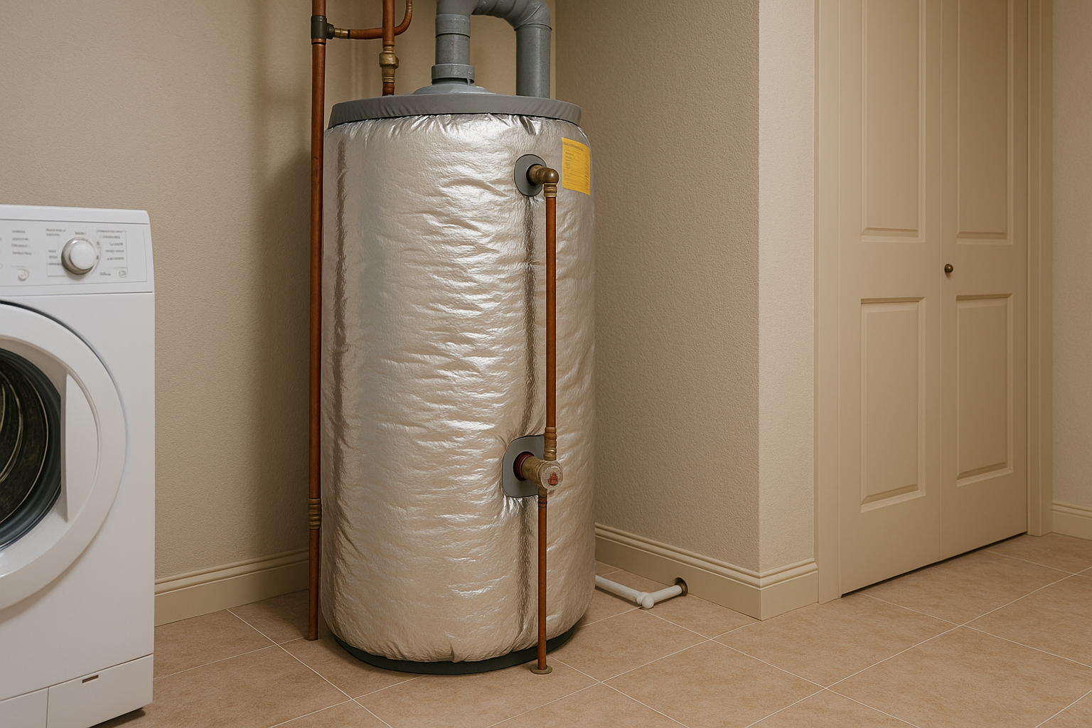 A clean and modern utility room showing a water heater wrapped in an insulation blanket to reduce heat loss and improve energy efficiency, especially for older units.