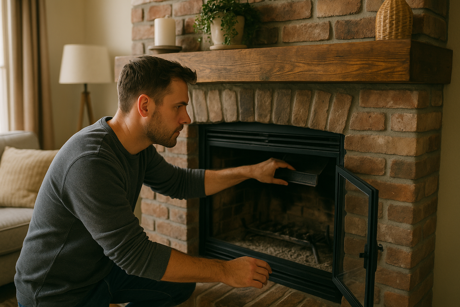 Man checking chimney damper and fireplace for airtight seals in a warmly decorated living room before winter, highlighting seasonal fireplace maintenance.