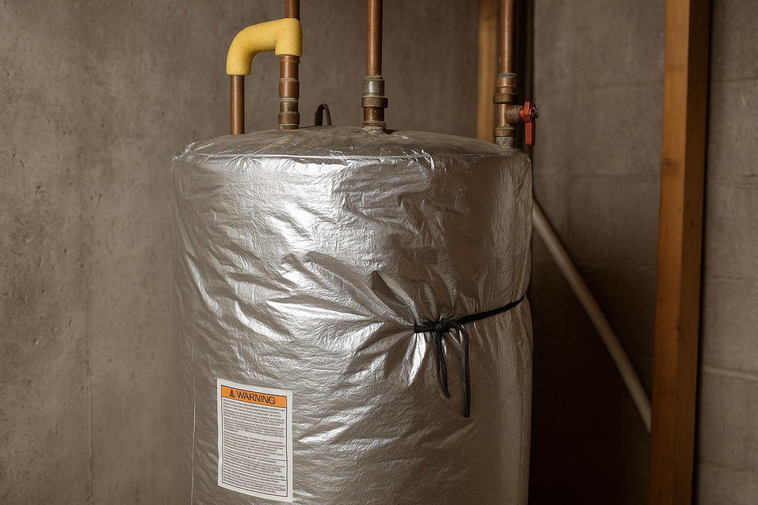 Insulated water heater in a basement wrapped in a reflective silver blanket to improve energy efficiency and reduce heat loss.