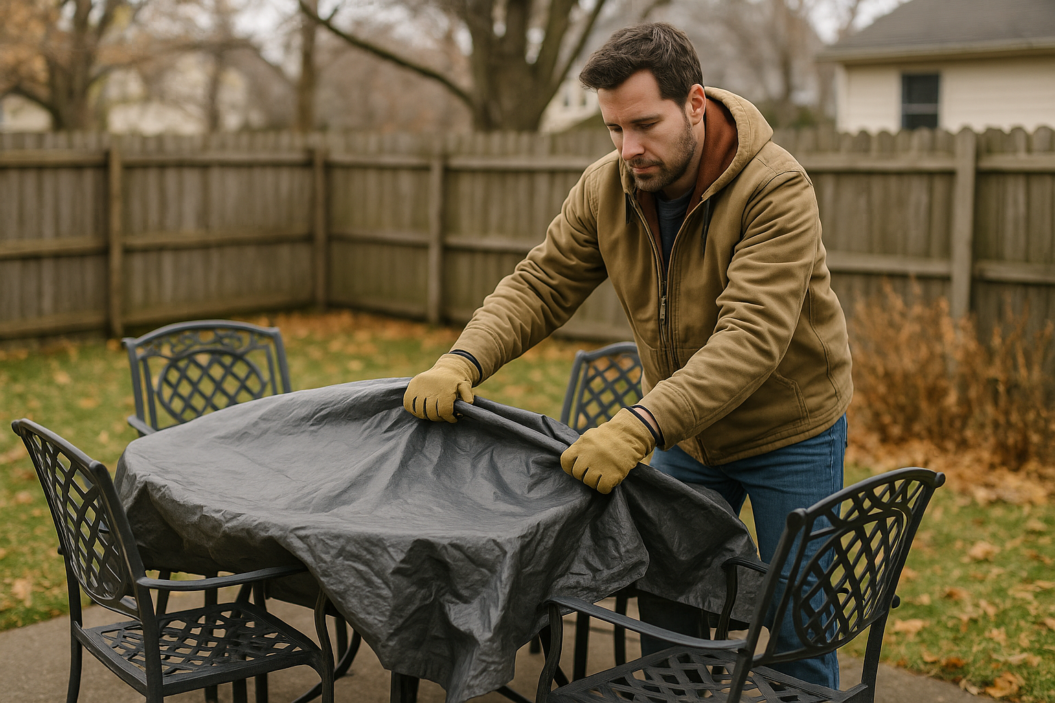 A man in a warm jacket covers patio furniture with a tarp in his backyard during autumn to protect it for winter.