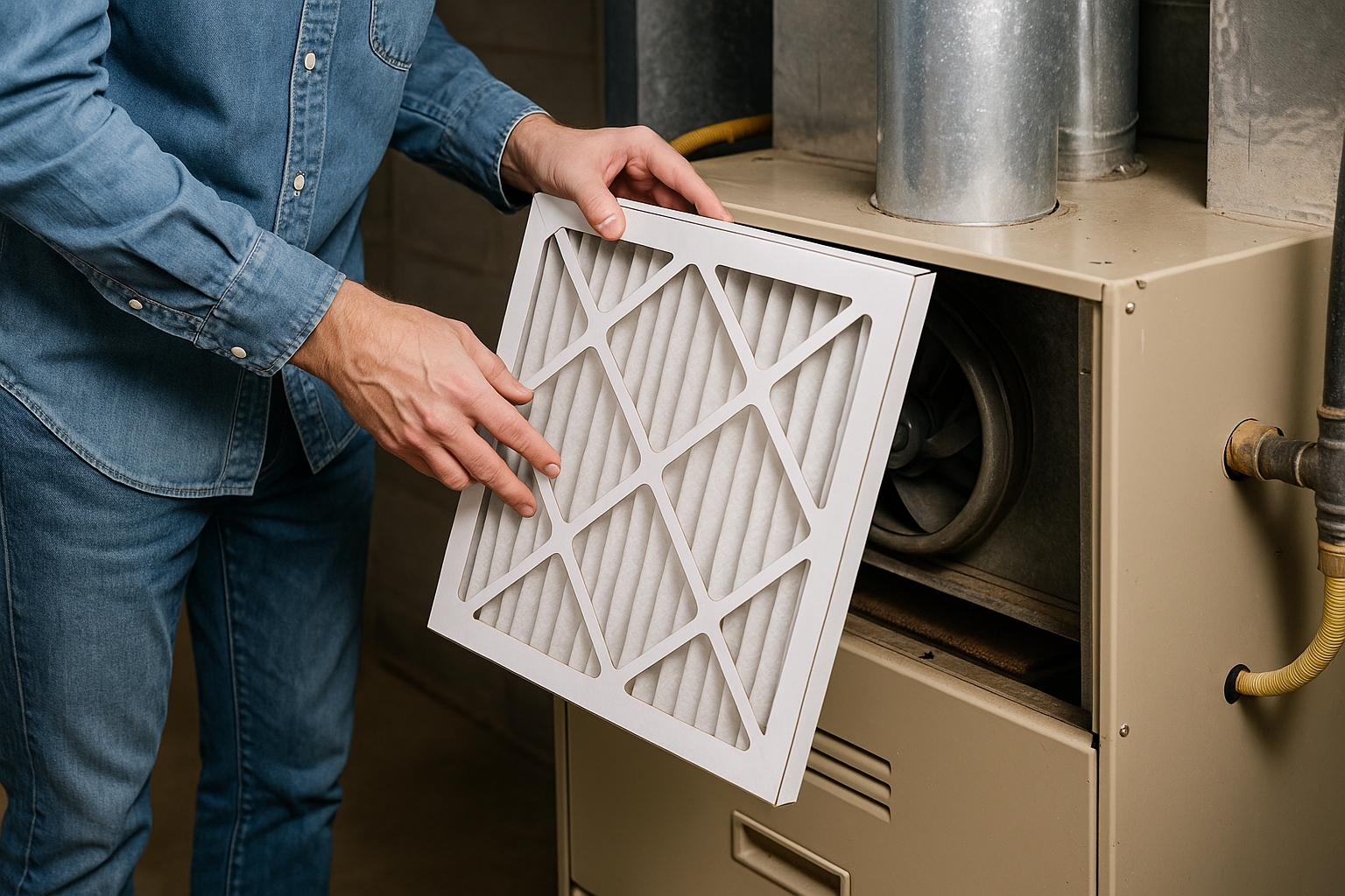A person in denim clothing replaces a pleated air filter in a beige furnace unit inside a basement, showing proper HVAC maintenance.