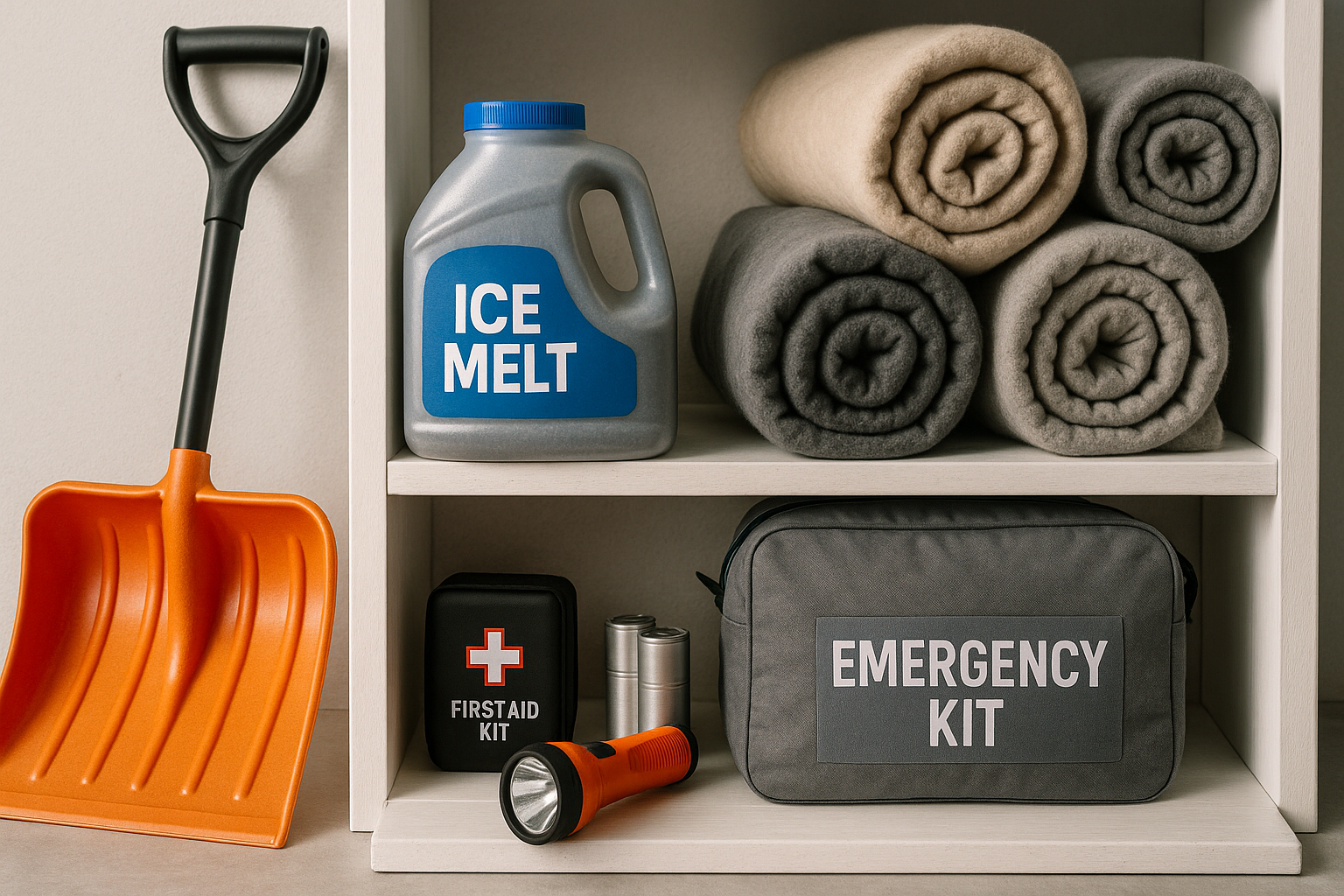 A photograph displays winter supplies neatly arranged on shelves, including an orange snow shovel, ice melt, rolled blankets, an emergency kit, flashlight, and a first aid box—ideal for winter preparedness content.