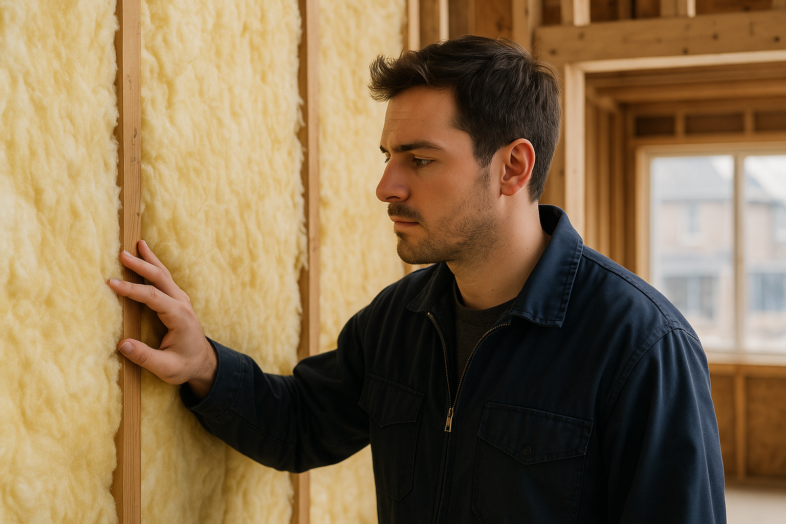 A young construction worker checking yellow fiberglass insulation in a home's wooden frame to ensure warmth retention during winter.
