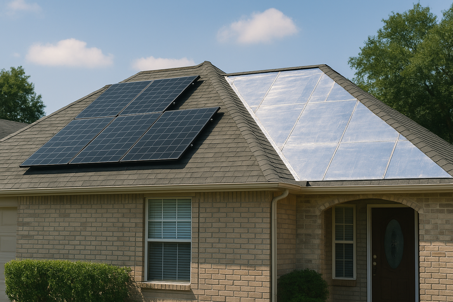Suburban home roof with solar panels and radiant barrier sheathing reflecting sunlight for energy efficiency
