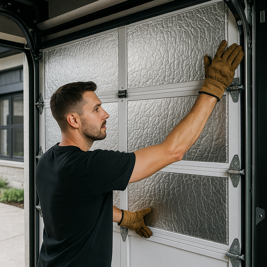 A man wearing gloves applies silver reflective insulation panels to a modern garage door to prevent cold drafts and improve energy efficiency.