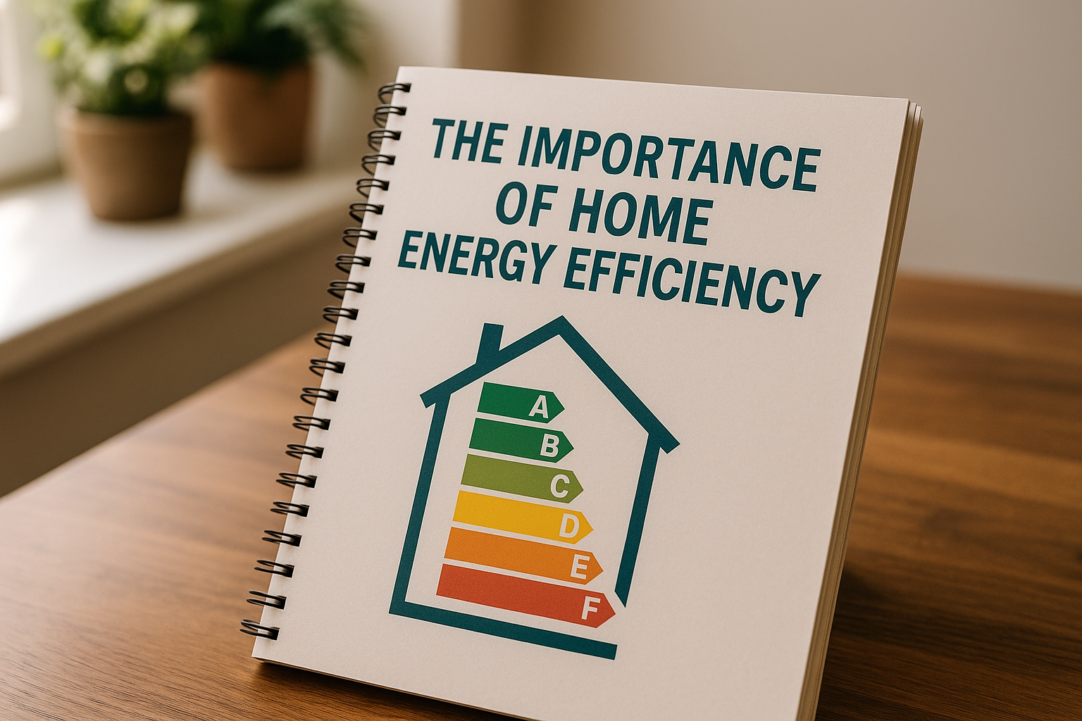 A close-up photo of a spiral-bound home energy efficiency guide on a wooden table with natural light from a nearby window, emphasizing sustainable living and reduced energy use.