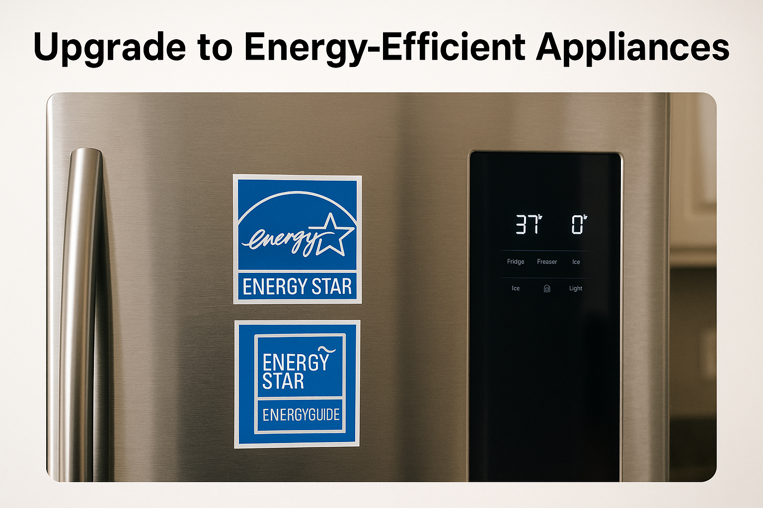 Stainless steel refrigerator featuring ENERGY STAR label in a bright kitchen, symbolizing energy efficiency and eco-conscious appliance upgrades.