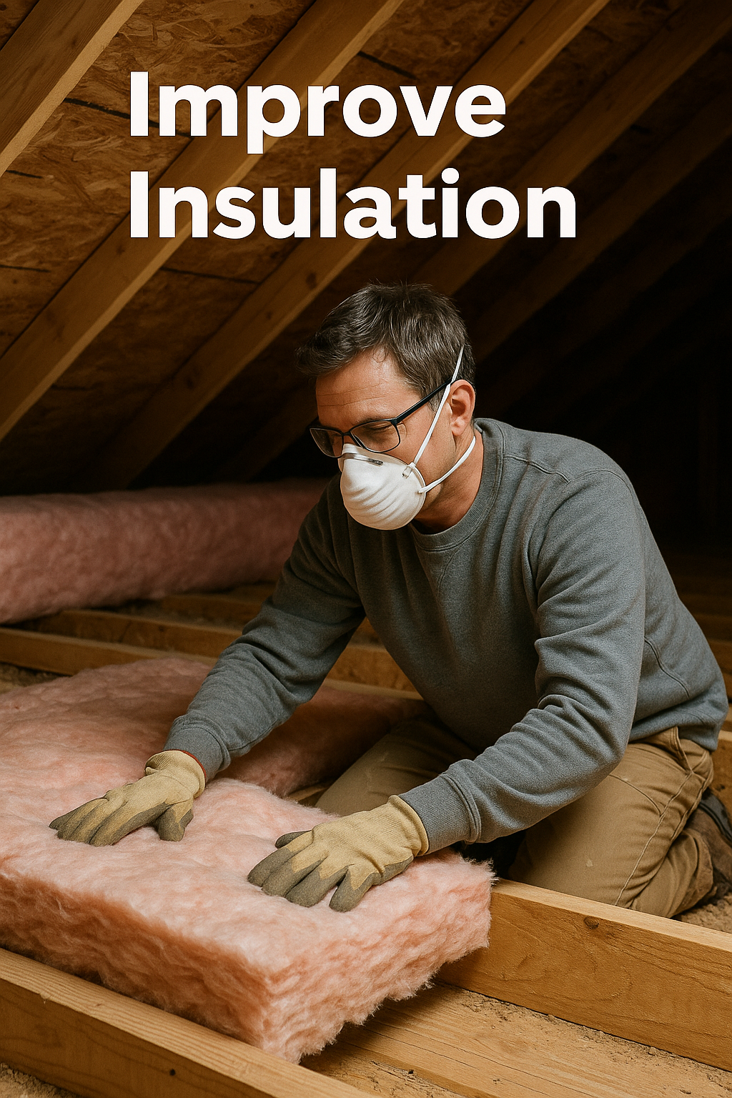 A man wearing protective gear inspects and adjusts fiberglass insulation in an attic to improve home energy efficiency.