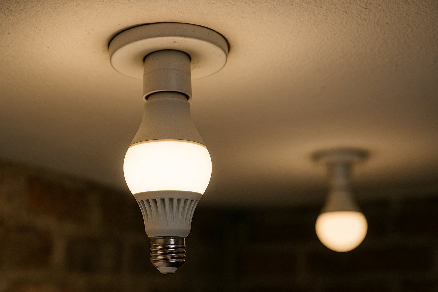 Close-up of energy-saving LED light bulb installed on ceiling, illustrating cost-effective lighting for home improvements.