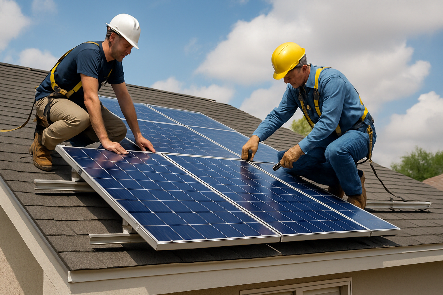 Two certified technicians installing residential solar panels on a suburban rooftop under clear skies, showcasing modern solar energy solutions.