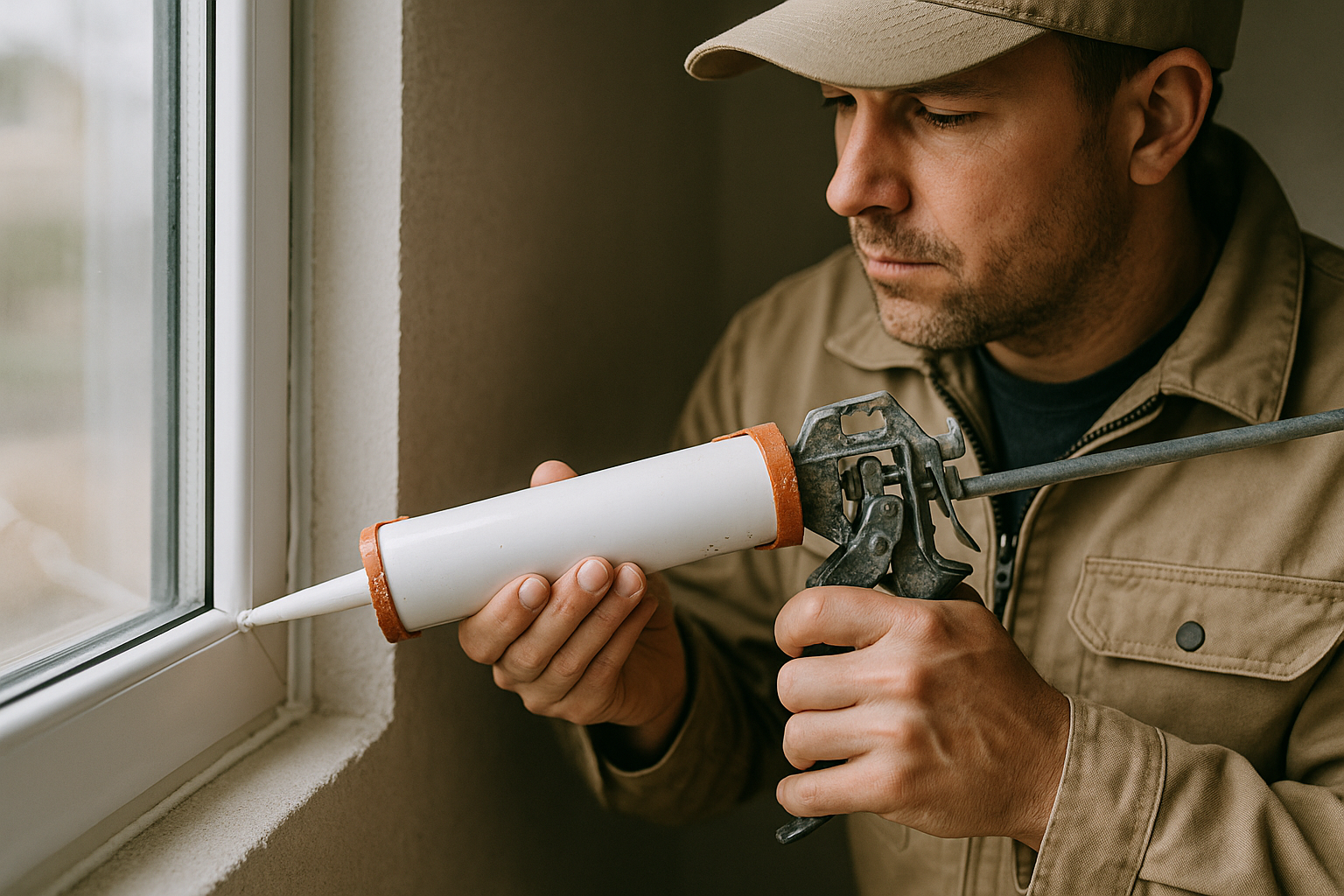 Construction worker sealing air leaks with a caulking gun around a window to improve insulation and reduce energy loss in cold weather