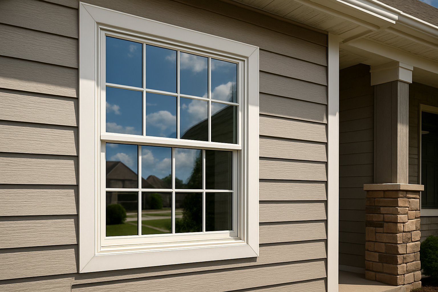 Double-pane energy-efficient window installed on a modern suburban home with beige vinyl siding and white frame, reflecting a clear blue sky.
