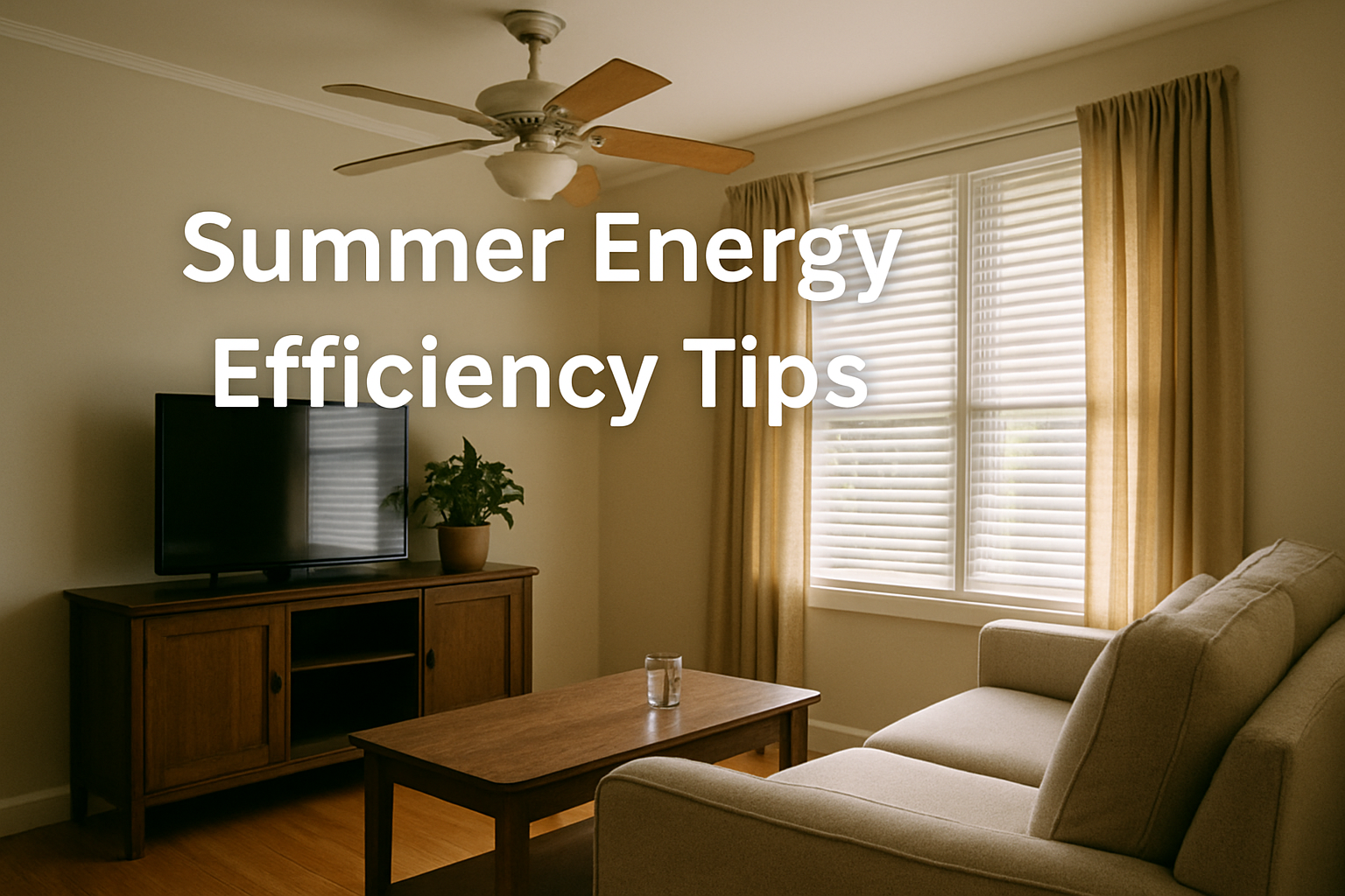 A cozy summer living room with a ceiling fan on, closed blinds, and sunlight softly filtering through curtains, promoting home energy efficiency.