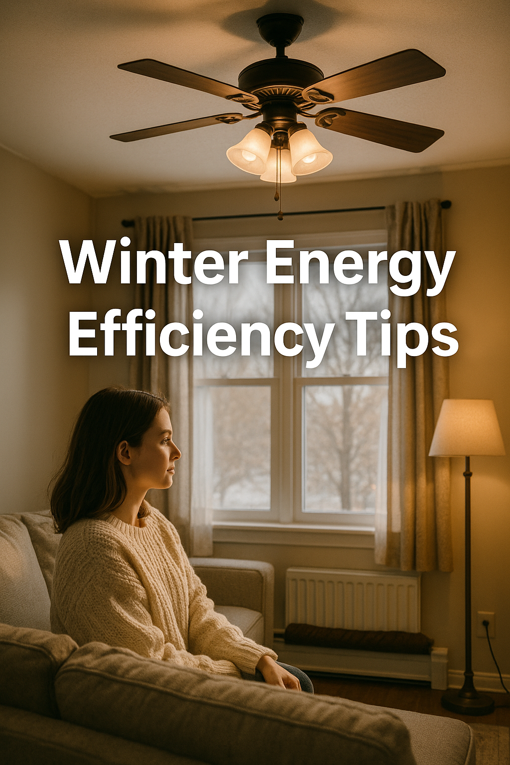 A cozy living room with ceiling fan, open curtains letting in sunlight, draft stopper by the radiator, and a woman in warm clothes—showcasing winter energy efficiency techniques.