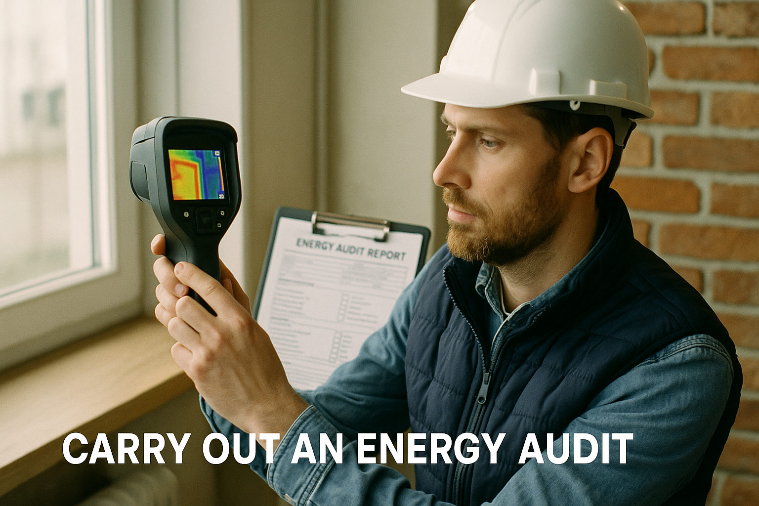 A male energy auditor wearing a hard hat uses a thermal imaging camera to detect air leaks during a home energy audit, with an energy report clipboard in the background.