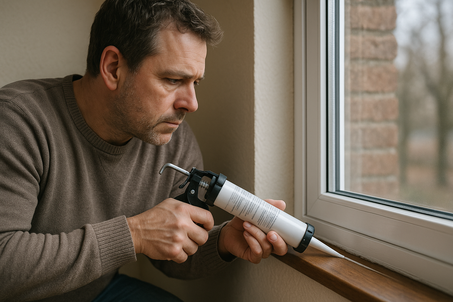 Middle-aged man using a caulking gun to seal a window frame and prevent air leaks for better home insulation
