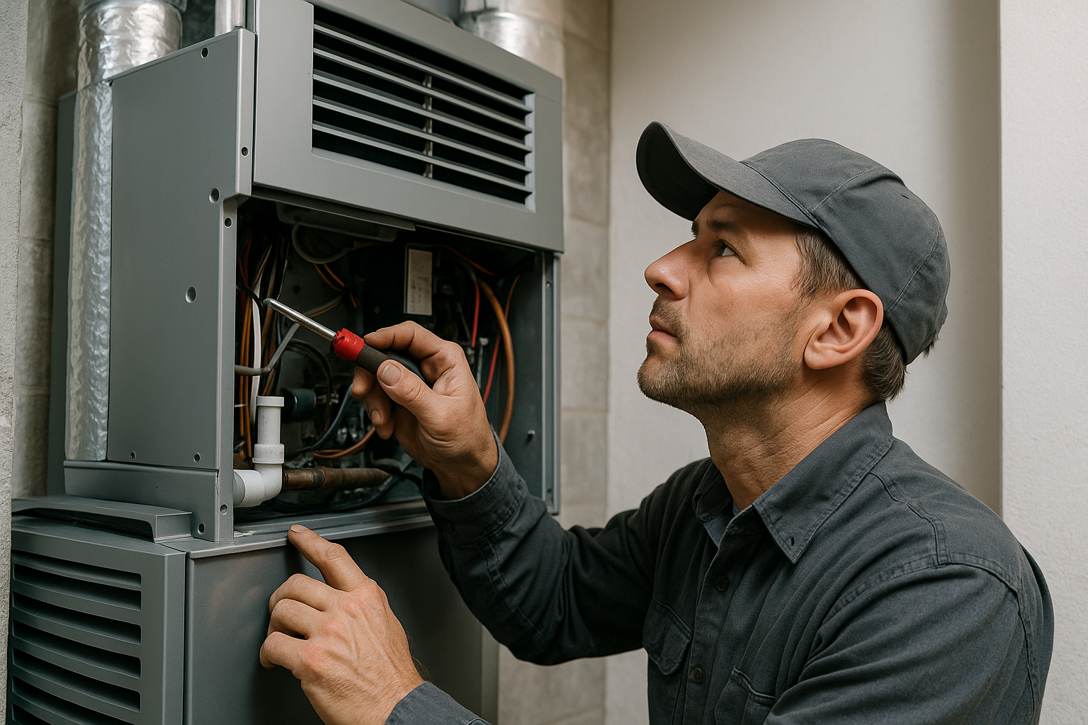 A professional HVAC technician installs a modern energy-efficient heating system, ensuring optimal home temperature control and reduced energy costs.