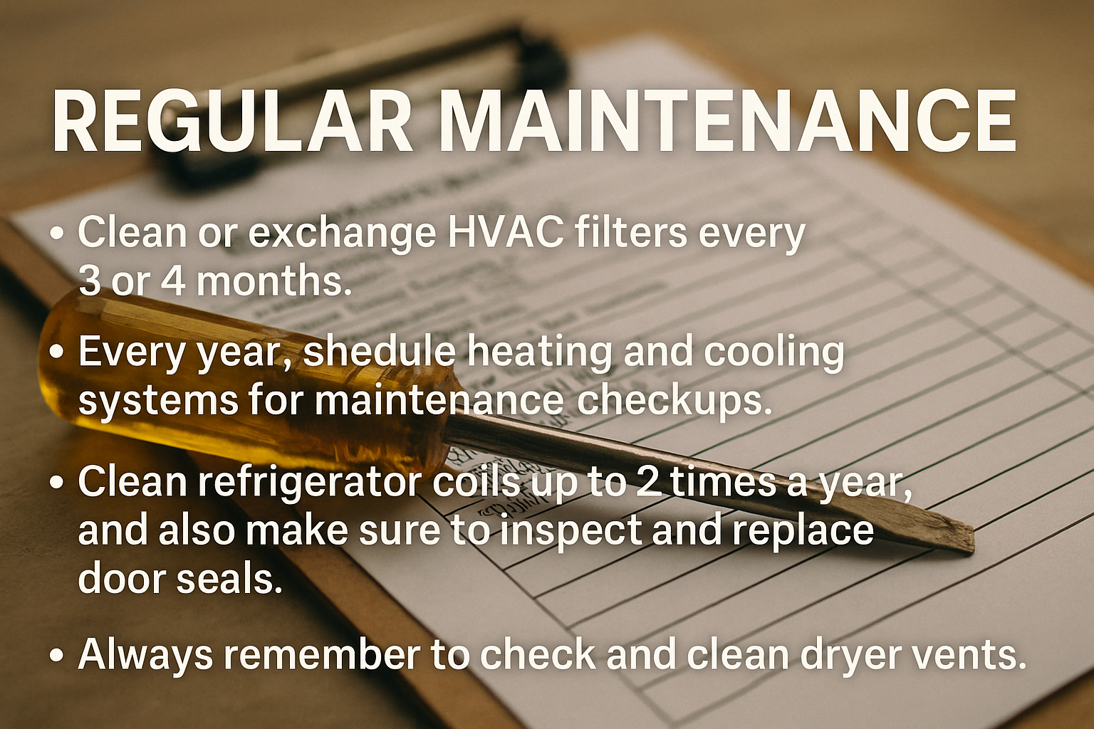 Checklist for regular home maintenance with HVAC filter replacement, refrigerator coil cleaning, and dryer vent inspection shown on clipboard with screwdriver