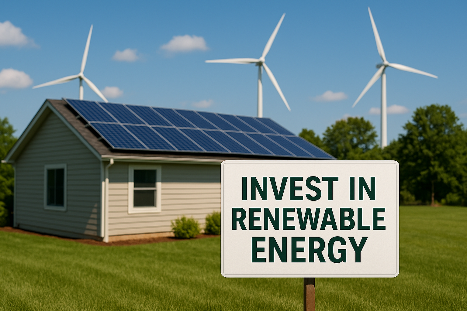 Modern house with solar panels and wind turbines promoting renewable energy investment for long-term savings and environmental sustainability.