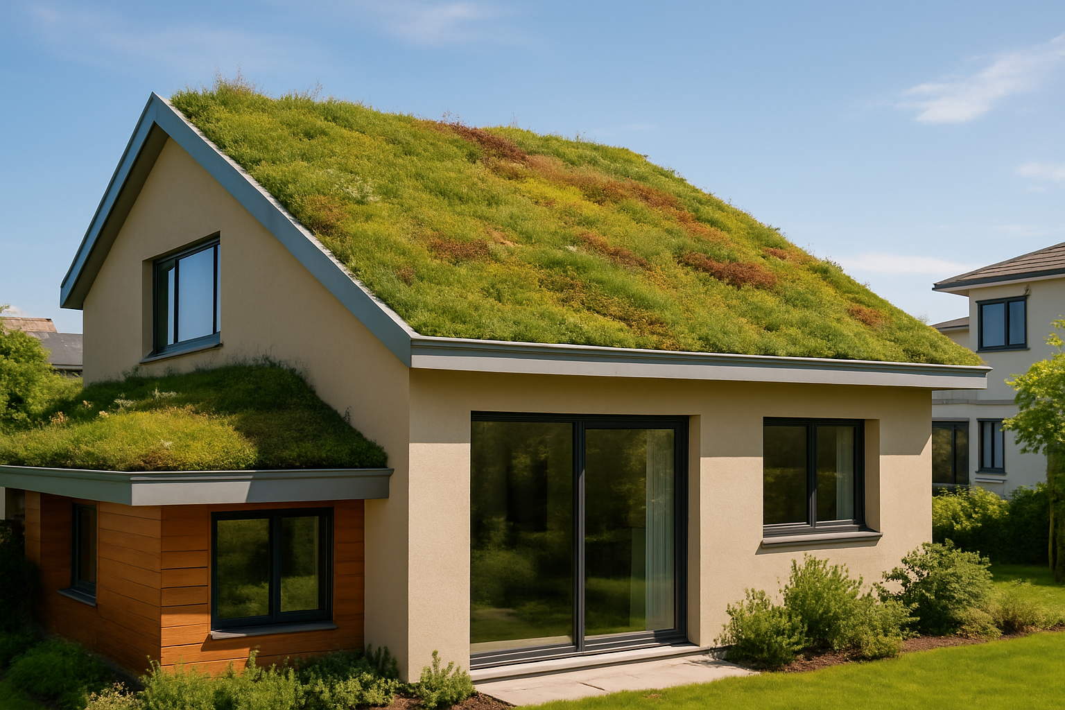 Eco-friendly home featuring a green roof with dense vegetation to reduce urban heat and improve energy efficiency year-round.