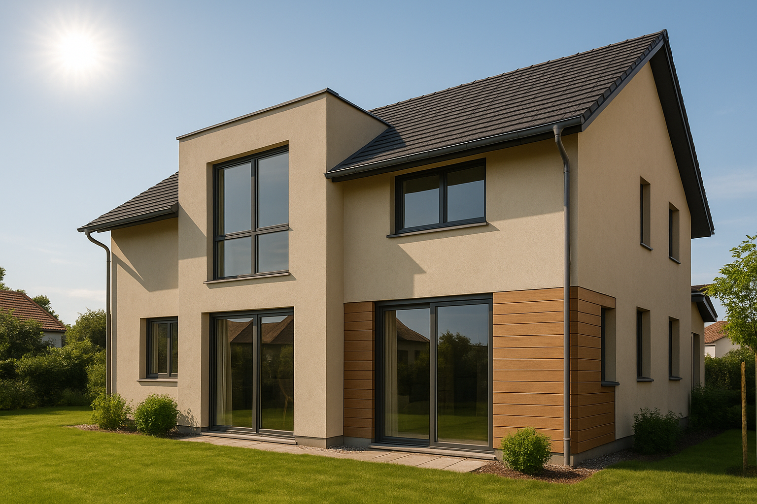 Modern home with large south-facing windows showcasing passive solar design to maximize winter sunlight and reduce summer heat gain