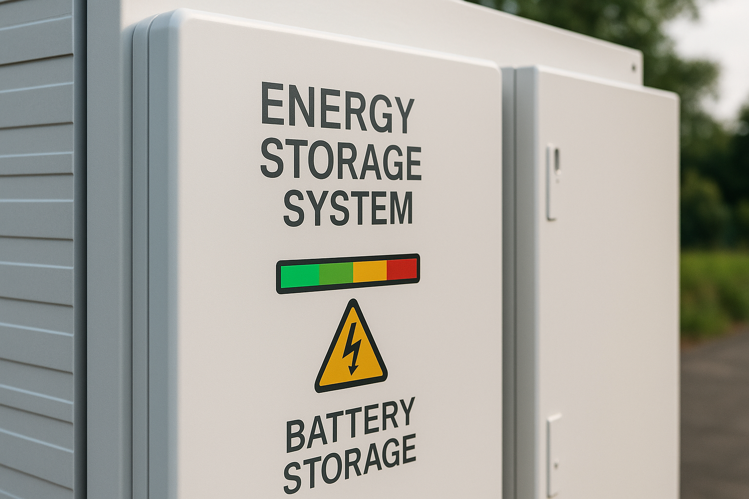 High-resolution image of a battery energy storage system installed outdoors, designed for storing solar or wind-generated power for home use.