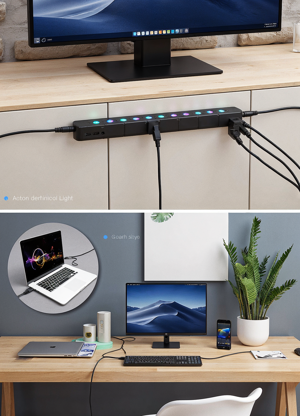 A smart power strip with LED indicators used in a modern home office setup to reduce standby energy consumption from electronic devices